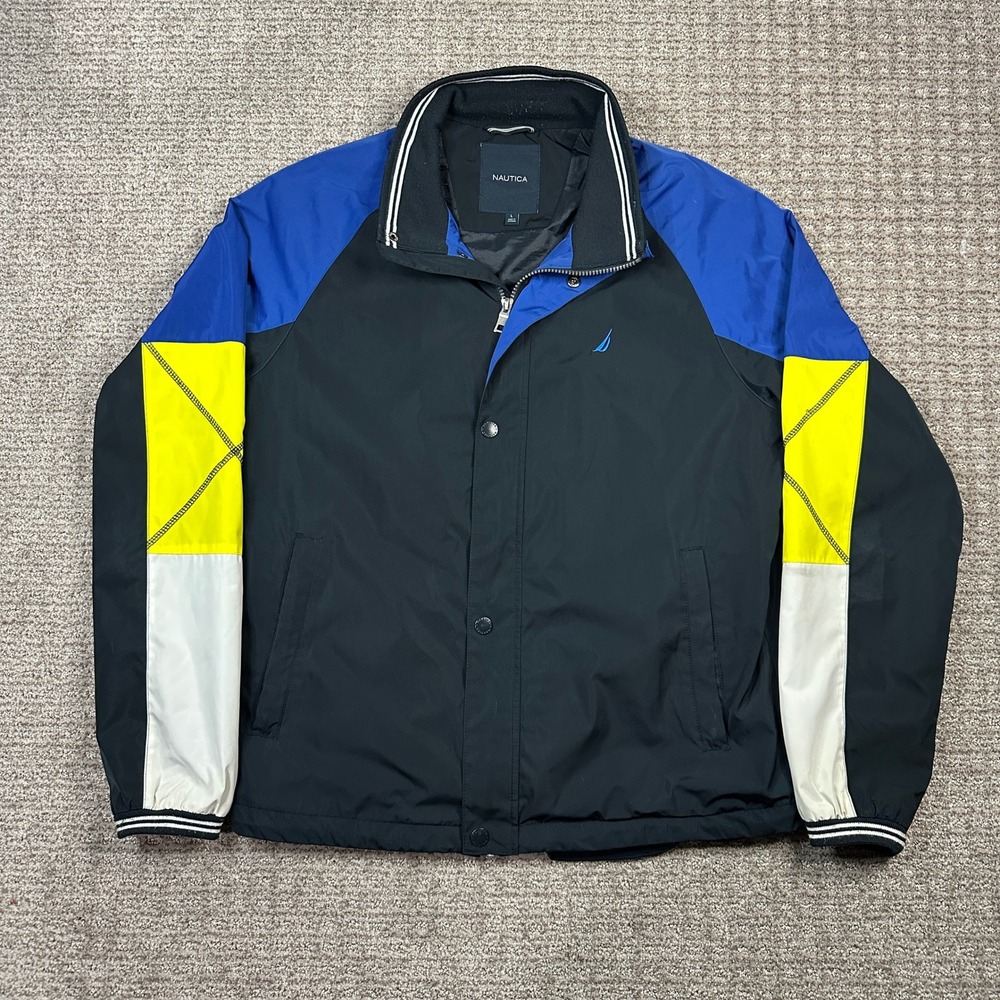 Nautica Mens Colorblock Windbreaker Jacket Black Blue Yellow Large VDR L06 118